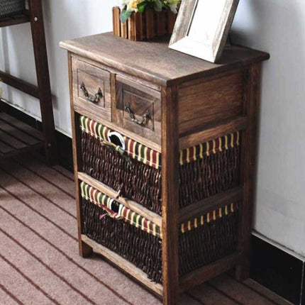 Country-style Cabinet Bed Side Table Vintage Cottage 3 Layers With 2 Baskets