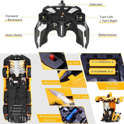 Yellow 1:18 Transformer RC Robot Car Remote Control For Kids Boys Toys 360° Rotating