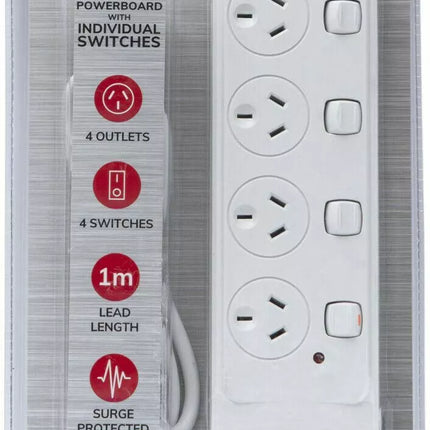 4 Way Outlet Surge Protector Individual Switches 1 Meter 240V Power Board SAA