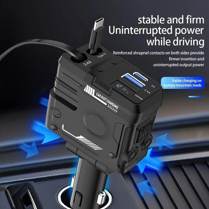 120w 4 IN 1 Retractable Car Fast Charger 2 Cable With USB Type C Port Adapter