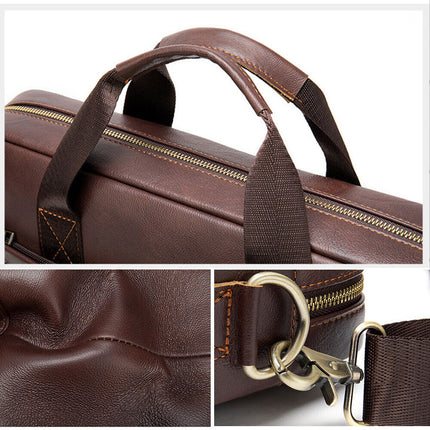 14'' Genuine Leather Briefcase Travel Shoulder Handbags Men Business Laptop Bag Dark Brown