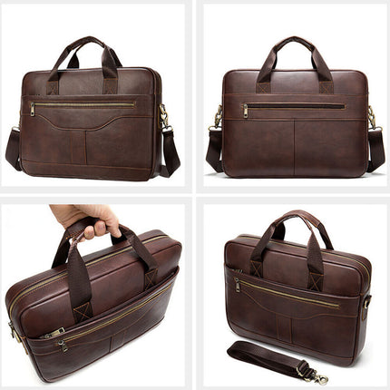 14'' Genuine Leather Briefcase Travel Shoulder Handbags Men Business Laptop Bag Brown