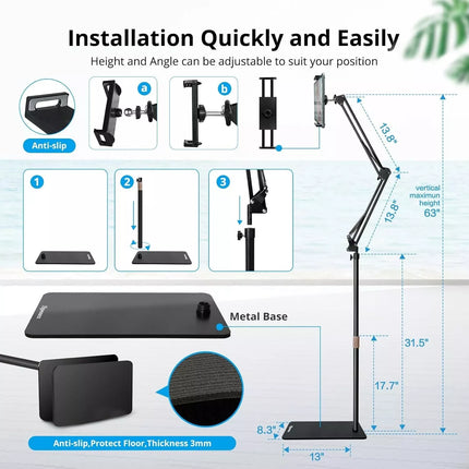 155cm Free Standing Adjustable Mount Holder Universal For iPad iPhone