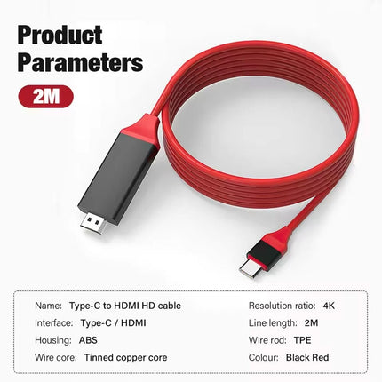 Red 2M 4K USB C to HDMI Cable Type Adapter For iPhone 16 MacBook iPad Android Tab