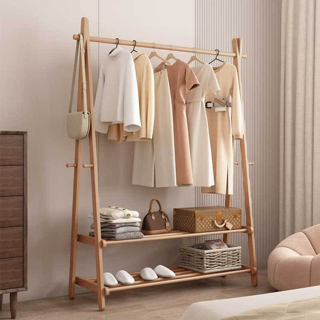 100cm Garment Wardrobe Coat Stand Bamboo Clothes Rack Foldable With Shoe Hooks Bedroom