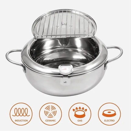 24CM Kitchen Stainless Steel Deep Fryer Frying Pot With Oil Drainer Thermometer & Lid