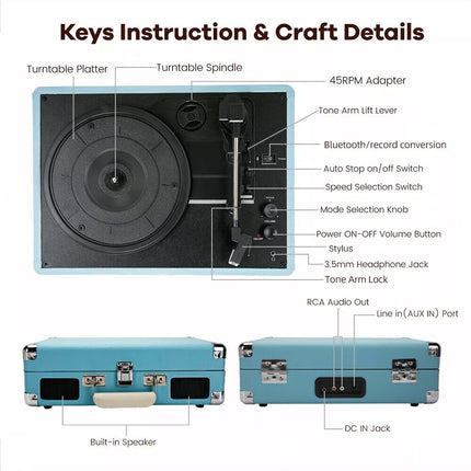 Retro Briefcase Vinyl Record Player Suitcase 3 Speed Turntable Stereo Best Gift
