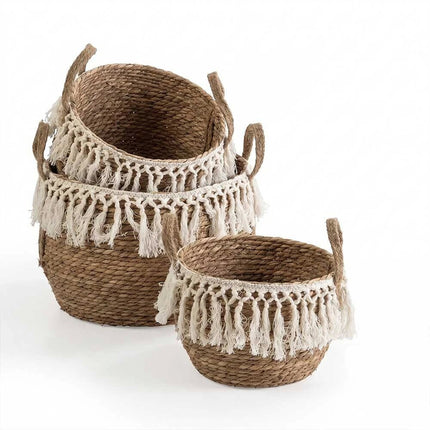 3Pcs Natural Seagrass Planter Pots with Legs Macrame Trim Boho Home Garden Decor