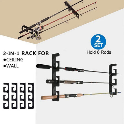 4X Wall Mount Fishing Rod Holder Horizontal 6-Rod Black Fishing Rod Storage Rack