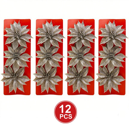 12x Silver Christmas Glitter Artificial Flower Clips Xmas Tree Hanging Ornaments
