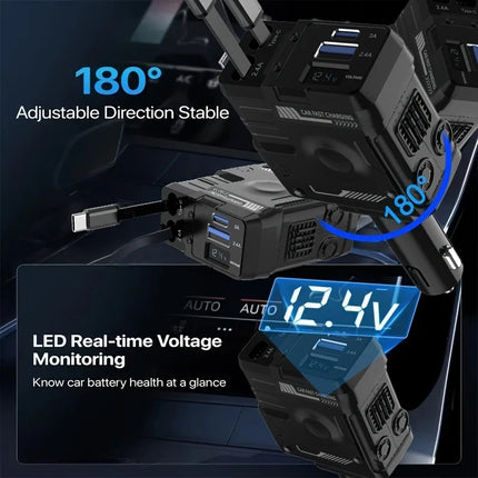 120w 4 IN 1 Retractable Car Fast Charger 2 Cable With USB Type C Port Adapter