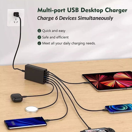 200w Gan USB C Fast Charging Station 6 Ports Pd Type C Charger For iPhone Laptop