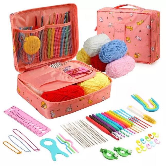 59Pcs Beginner Crochet Hooks Kit 5 Roll Yarn Knitting Needles Sewing Tools Pink