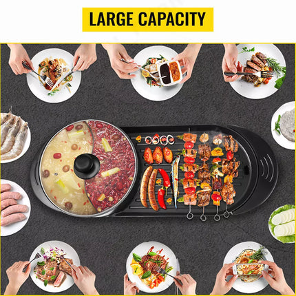 Electric 2 in 1 Hot Pot Hotpot BBQ Grill Oven Smokeless Barbecue Pan Machine