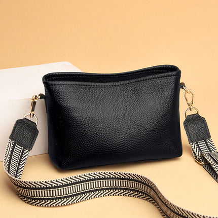 Soft Leather Women Crossbody Bag Wide Shoulder Straps For Casual Zipper Black