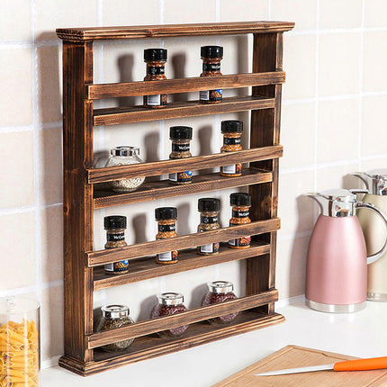 4 Tiers Rustic Wood Spice Rack Organizer Wall Mounted Kitchen Shelves Space Save