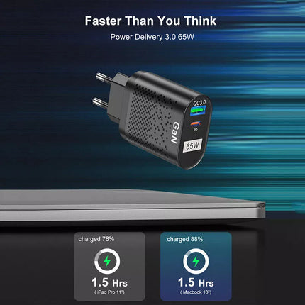 65W GaN Charger Type C PD USB QC 3.0 Fast Charging Wall Adapter for Universal
