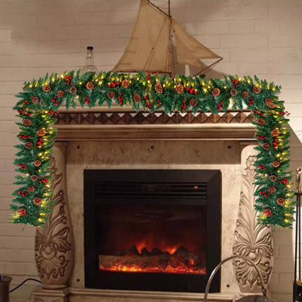 9FT Christmas Garland + LED Lights Pinecones Berry Bushy Wreath Stairs Fireplace