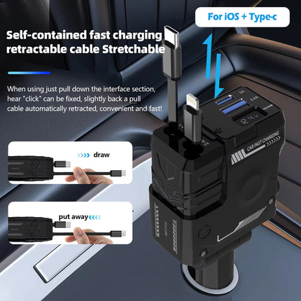 120w 4 IN 1 Retractable Car Fast Charger 2 Cable With USB Type C Port Adapter