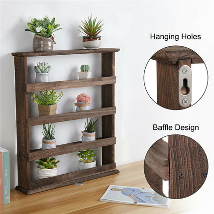 4 Tiers Rustic Wood Spice Rack Organizer Wall Mounted Kitchen Shelves Space Save