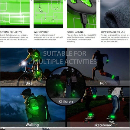2x LED Armbands Reflective Wrist Band USB Rechargeable for Night Running Cycling