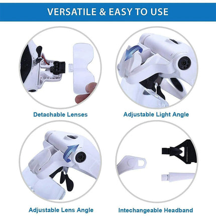 5 Lens Magnifying Glasses LED Headband Headset Head Magnifier Lam Rechargeable