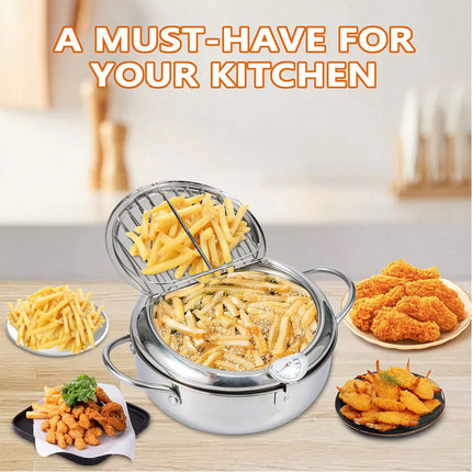 24CM Kitchen Stainless Steel Deep Fryer Frying Pot With Oil Drainer Thermometer & Lid