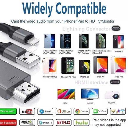 Black 2m MFi Certified 8-Pin to HDMI Cable Digital TV AV Adapter For iPhone 14 13 iPad