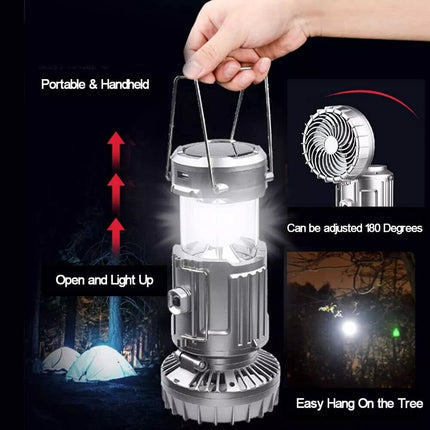 Portable Solar Camping Lantern with Fan USB Rechargeable Outdoor Tent LED Lights