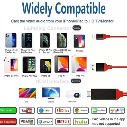 Red 2m MFi Certified 8-Pin to HDMI Cable Digital TV AV Adapter For iPhone 14 13 iPad