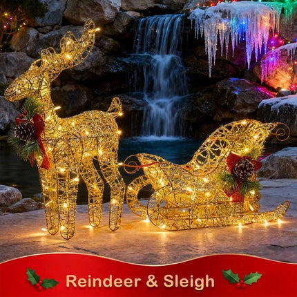 Solar-Powered Set of 2 Christmas Decoration Reindeer and Sleigh LED Yard Xmas