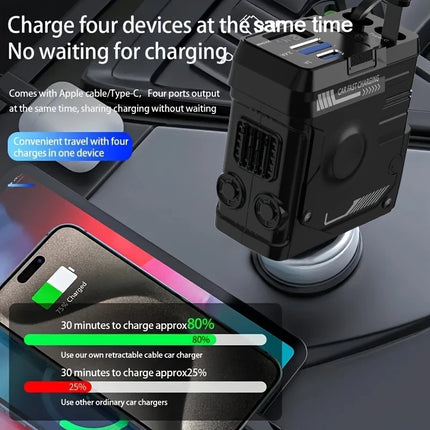 120w 4 IN 1 Retractable Car Fast Charger 2 Cable With USB Type C Port Adapter
