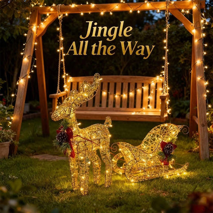Solar-Powered Set of 2 Christmas Decoration Reindeer and Sleigh LED Yard Xmas