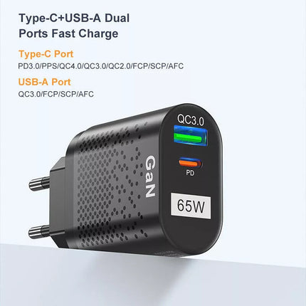 65W GaN Charger Type C PD USB QC 3.0 Fast Charging Wall Adapter for Universal