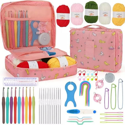 59Pcs Beginner Crochet Hooks Kit 5 Roll Yarn Knitting Needles Sewing Tools Pink