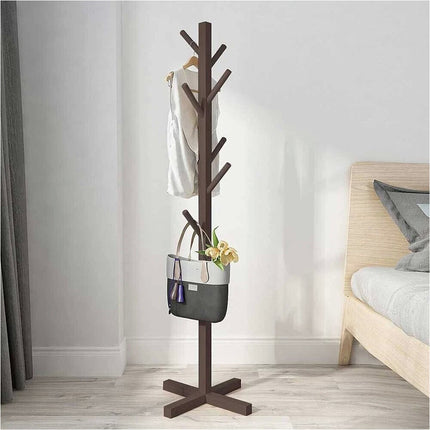 Solid Wooden Coat Rack Stand Tree Clothes Hanger Free Standing Hallway Hat Bag