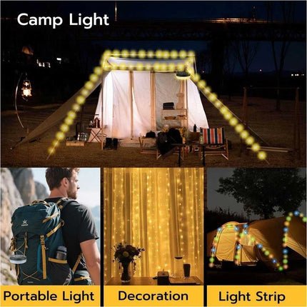 Extractable 10m Solar LED Camping String Lights Tent Garden Warm & Coloured