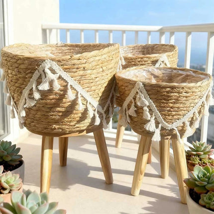 Set of 3 Plant Pot Stand With Wooden Leg Balcony Display Holder Indoor Flower