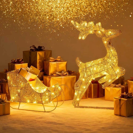 Christmas Lighted Reindeer & Sleigh Solar Powered LED Lights Xmas Decoration