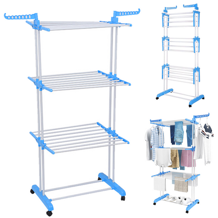 Movable Foldable Clothes Airers Drying Rack Slidable Wheels Space Save