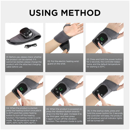 USB Rechargeable Heated Wrist Massager with Vibration Hand Brace for Pain Relief