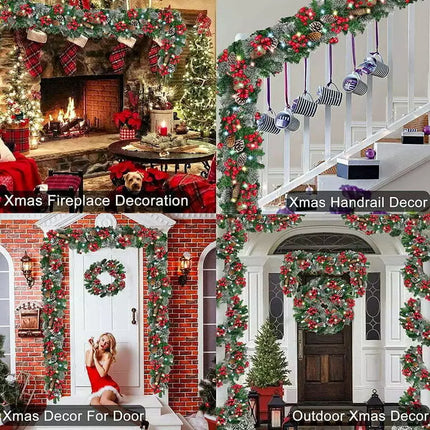 9FT Christmas Garland + LED Lights Pinecones Berry Bushy Wreath Stairs Fireplace