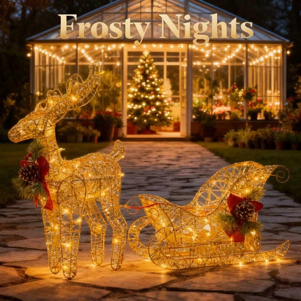 Solar-Powered Set of 2 Christmas Decoration Reindeer and Sleigh LED Yard Xmas