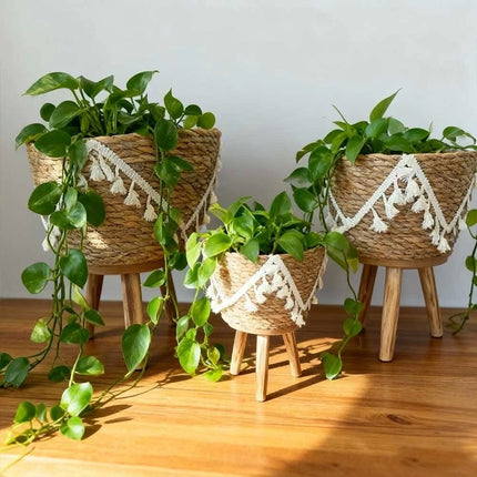 Set of 3 Plant Pot Stand With Wooden Leg Balcony Display Holder Indoor Flower