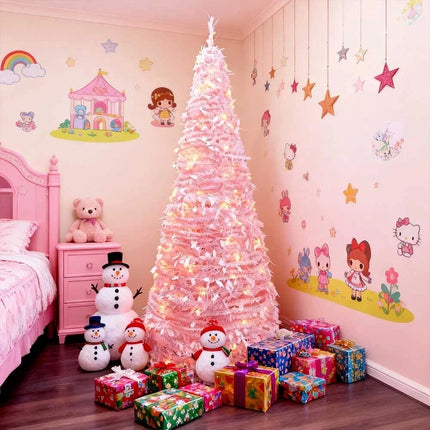 Pre-Decorated Pink Christmas Tree Foldable Holiday Decoration LED lights Xmas