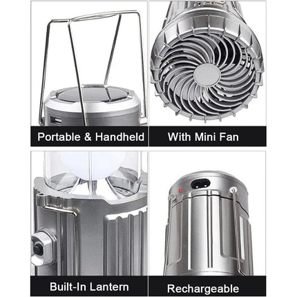 Portable Solar Camping Lantern with Fan USB Rechargeable Outdoor Tent LED Lights