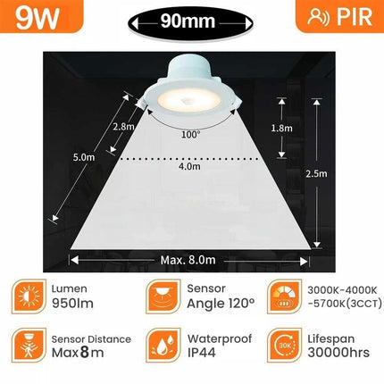 2Pcs IC-4 Rated Motion Sensor Downlight Tri-Colour 90mm Cut-out Garage Pir Balcony