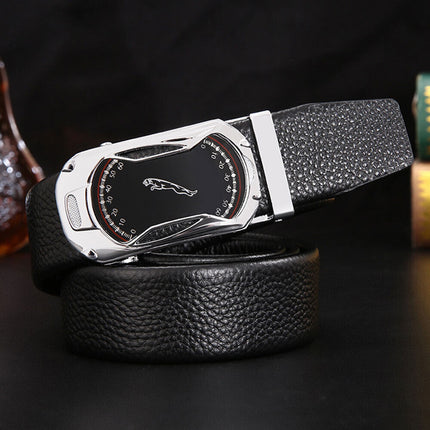 Men's Leather Belt Detachable Waistband Cuttable Strap Automatic Steel Buckle Silver