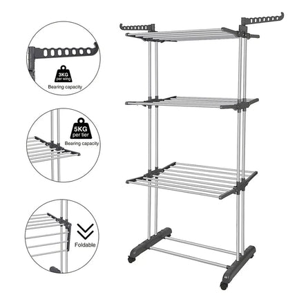 3 Tiers Foldable Garment Hanger Clothes Airer Drying Stand Laundry Support Horse