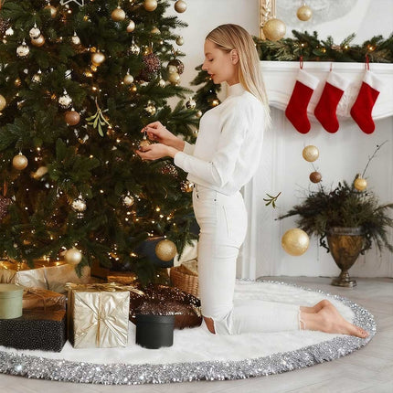 White Christmas Tree Skirt Base Long Plush Xmas Floor Mat Ornaments Decorations